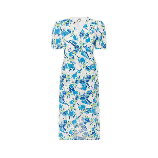 SUNCOO Summer Women's Fresh Printed V-neck Short Sleeve Waist-Close Long Dress Yintai