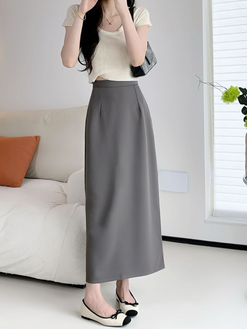 Gray suit skirt long skirt female spring, summer and autumn, high waist, thin waist, sloping black straight skirt size size
