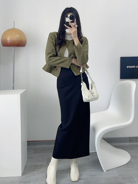 Women's 2025 Spring and Autumn Korean high-waisted slim hip skirt with a slit step back half-length skirt
