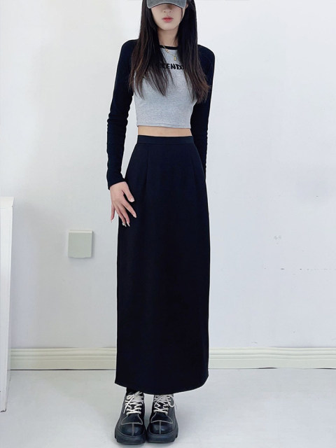 Gray suit skirt long skirt female spring, summer and autumn, high waist, thin waist, sloping black straight skirt size size

