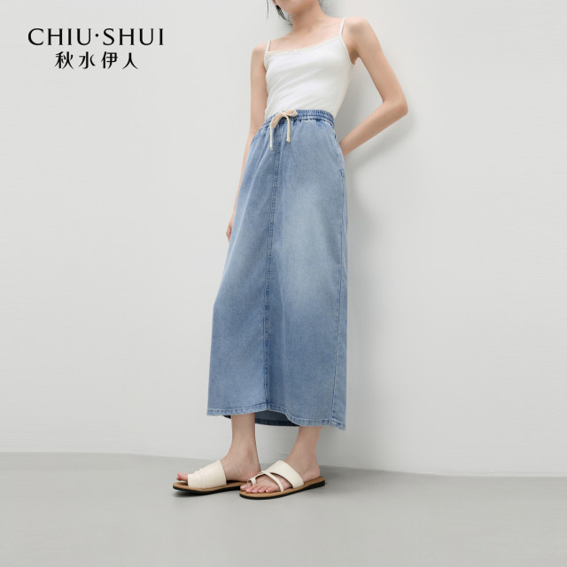 Qiushui Yiren denim skirt 2025 summer new women's fashion high waist elastic slit versatile skirt