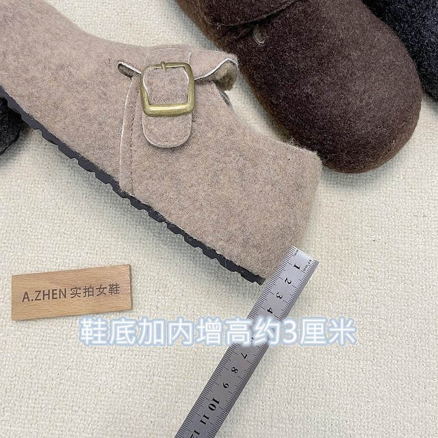 Wool felt Birkenstock shoes for women to increase their height, plus velvet, lazy soft soles, tendon soles, non-slip cotton shoes, lamb wool and cotton commuting