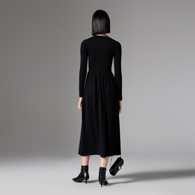 Pupu French long -sleeved solid color simple stitching knitted dress ...