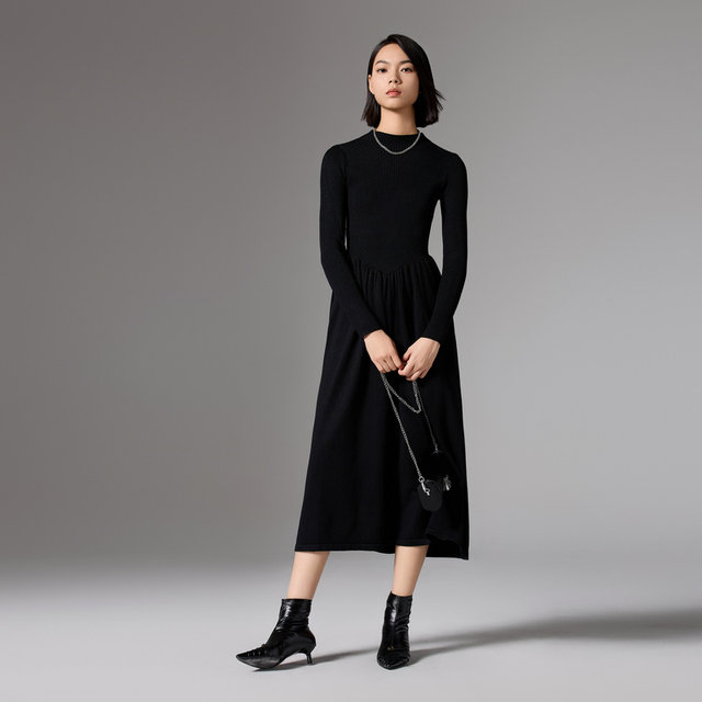 Pupu French long -sleeved solid color simple stitching knitted dress ...