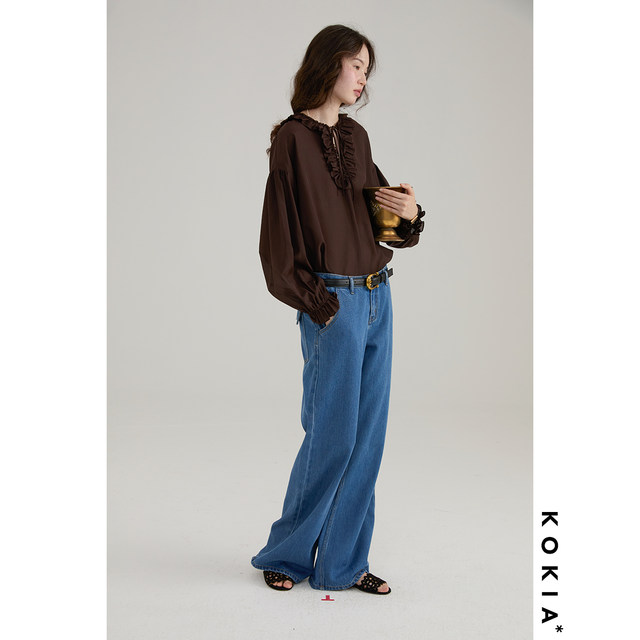 KOKIA spot lightweight and transparent floral yarn classic lamb leg sleeve lotus leaf V-neck loose oversized pullover shirt
