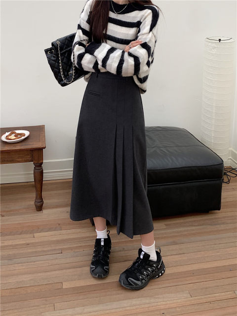 Fat mm woolen pleated skirt long autumn and winter thick large size irregular A-line skirt for women slim and versatile long skirt