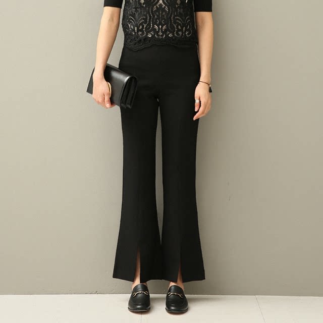 2024 Autumn and Winter Women's Roman Cotton Micro-Flame Trousers with Slit Black Slim Cropped Pants High Waist Pack Big Size Elastic