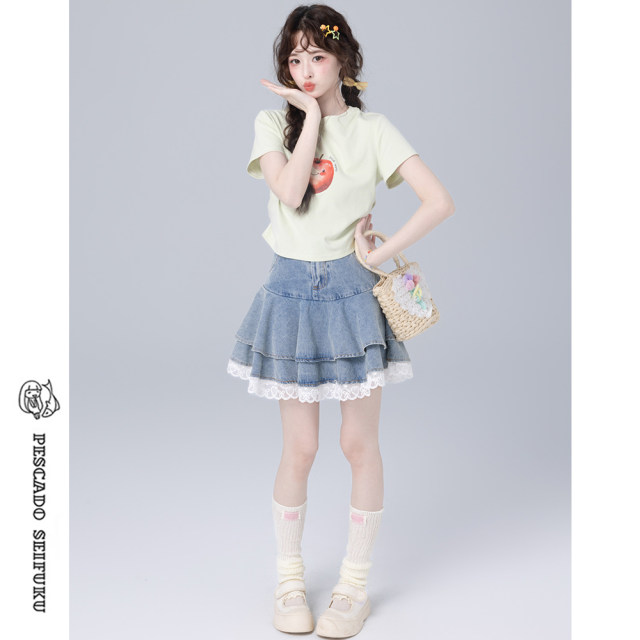 Salted fish wardrobe Lace denim skirt Women's summer sweet and cute cake skirt A-line short skirt Small skirt