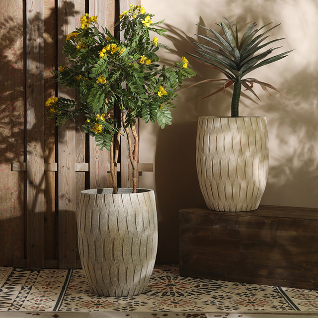 Retro magnesium mud floor-standing flower pot drum round green plant large flowerware living room garden violin leaf banyan bird of paradise green plant flower pot