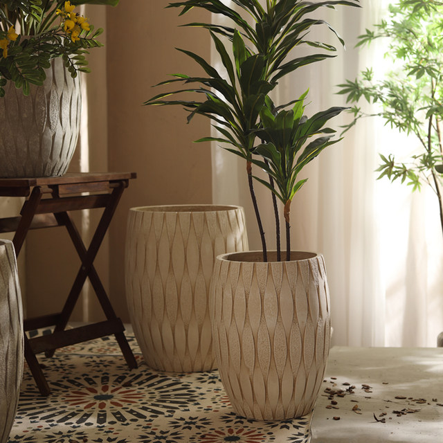Retro magnesium mud floor-standing flower pot drum round green plant large flowerware living room garden violin leaf banyan bird of paradise green plant flower pot