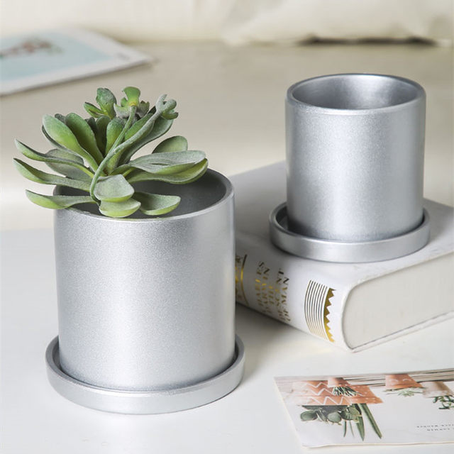Straight matte gold silver cylindrical ceramic flower pot indoor and outdoor desktop flowers floor floral pot with tray