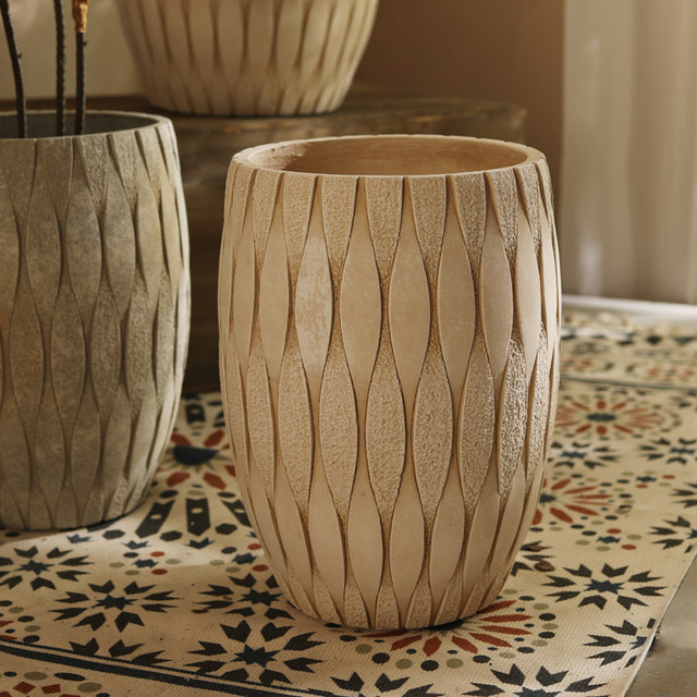 Retro magnesium mud floor-standing flower pot drum round green plant large flowerware living room garden violin leaf banyan bird of paradise green plant flower pot