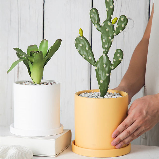 Morandi clay straight cylinder cylindrical Nordic colorful flower pot indoor succulent flowers and green plants simple pot with tray