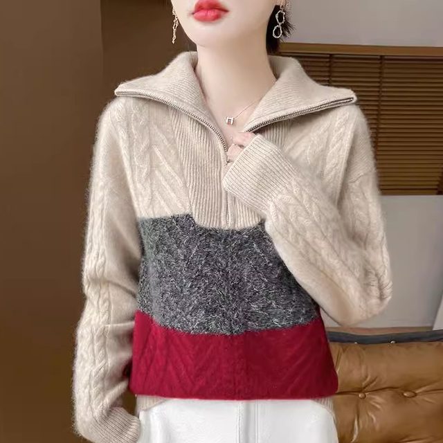 Cashmere Crimp Heavy diamond crimp 100% pure cardigan women's half-open zipper color ...