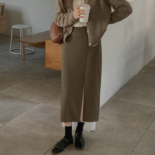 Spring and summer long skirt A-shaped high waist commuter chocolate brown suit irregular front slit skirt straight zipper