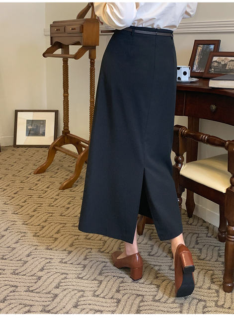 Spring and summer Roman cotton black straight hip one-step skirt rear slit commuting mid-length skirt long skirt versatile women