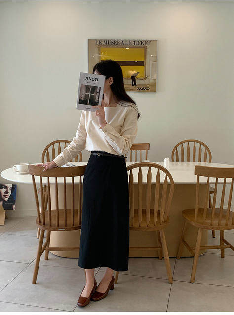 Spring and summer Roman cotton black straight hip one-step skirt rear slit commuting mid-length skirt long skirt versatile women