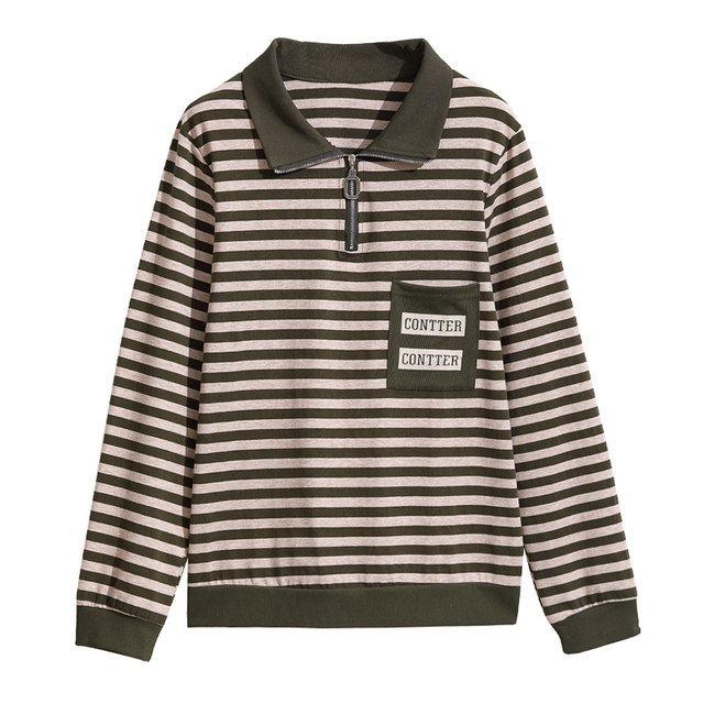 Mom's lapel striped long-sleeved sweatshirt for women 2025 autumn new loose large size middle-aged women's pure cotton t-shirt