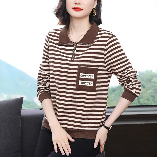 Mom's lapel striped long-sleeved sweatshirt for women 2025 autumn new loose large size middle-aged women's pure cotton t-shirt