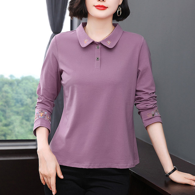 Noble mother style fashionable top middle-aged and elderly fashionable collared cotton long-sleeved T-shirt for women in autumn lapel base shirt