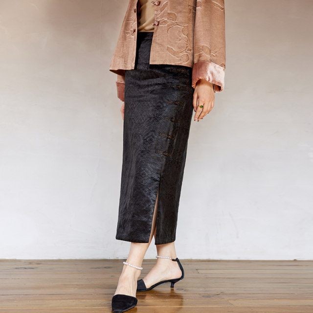 Silk intertwined seawater pattern fragrant cloud yarn skirt women's knee-length skirt mid-length women's versatile Chinese quilted skirt