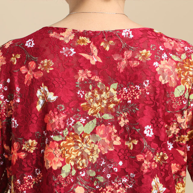 Middle-aged and elderly women's spring ethnic style lace embroidered bottoming shirt for mothers autumn three-quarter sleeve T-shirt with extra fat
