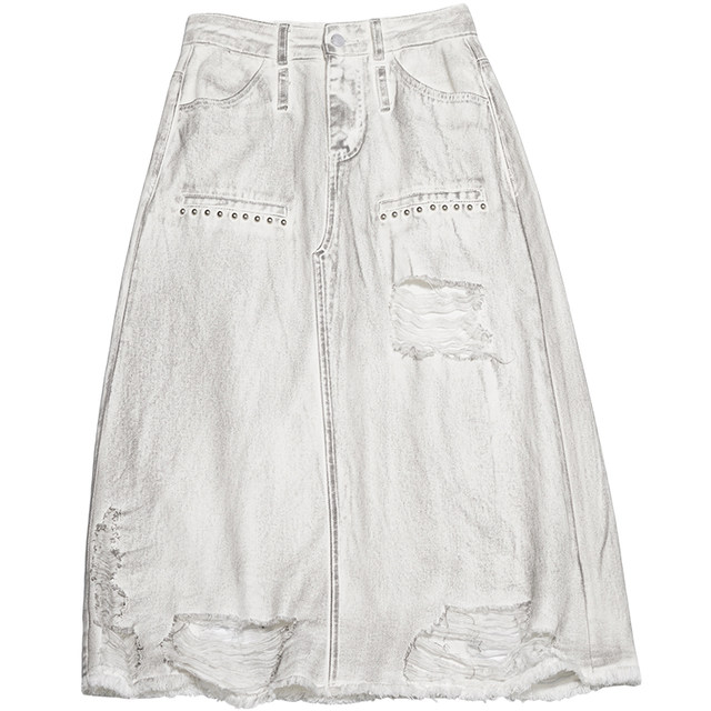 STILLYOU retro wasteland style old dirty ink splash white denim skirt women's ripped bristled midi skirt