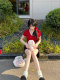 green big sister Korean model girl red v-neck breast pad tee round neck women's top summer