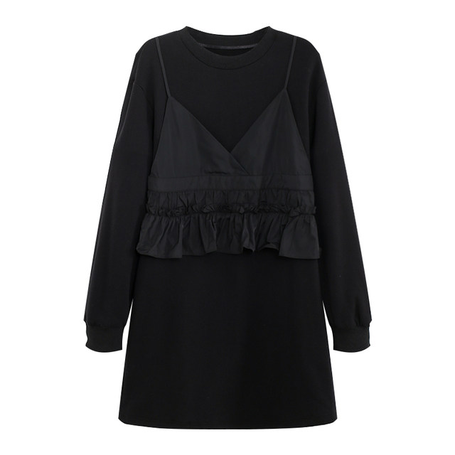 Fankai mid-length sweatshirt fake two-piece design black round neck sweatshirt dress loose casual ruffle edge