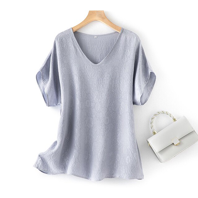 
Mulberry silk crane crepe jacquard T-shirt summer new style for women commuting versatile V-neck loose comfortable breathable rag-back sleeves