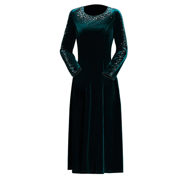 Fashionable diamond-set middle-aged women's dress in spring and autumn slimming medium-length large-size temperamental mother-wearing gold velvet skirt
