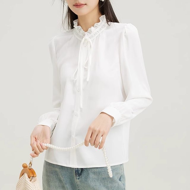Gu Mu Xi Earline Border Polying Pure Color Template Temperature Shirts Female Autumn New Sweet Bubble Sleeve Top