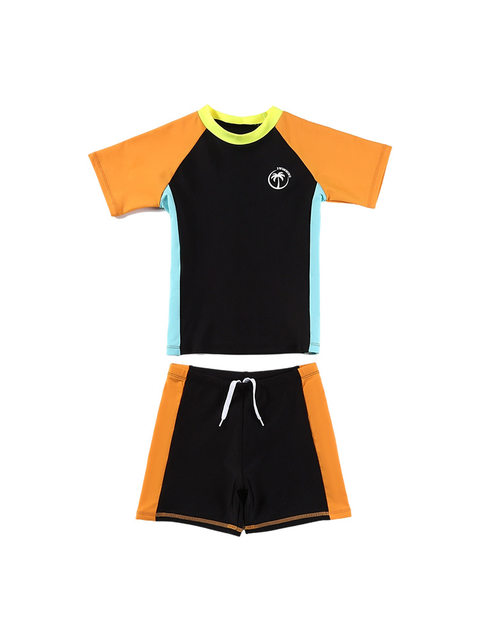 Children's swimsuits, boys' contrasting color short-sleeved quick-drying split swimsuit set, student casual surfing suit