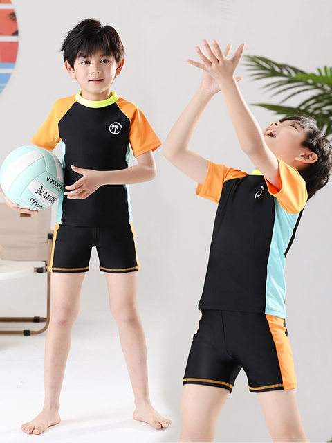 Children's swimsuits, boys' contrasting color short-sleeved quick-drying split swimsuit set, student casual surfing suit