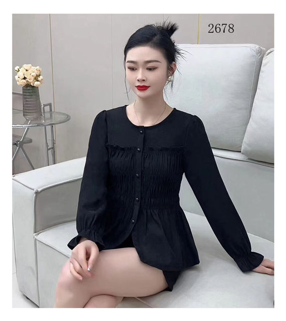 Spring round neck shirt versatile and fashionable slim fit and slim bottoming ruffle elastic elastic puff sleeve flared sleeve top