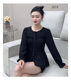 Spring round neck shirt versatile and fashionable slim fit and slim bottoming ruffle elastic elastic puff sleeve flared sleeve top