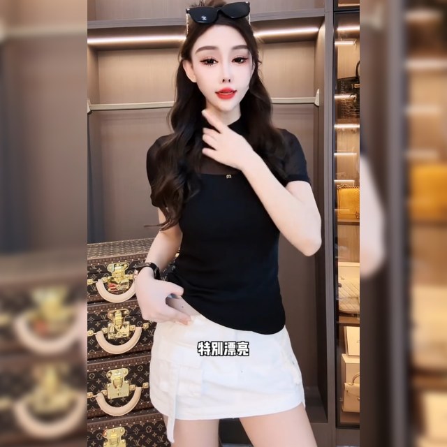 European sexy gauze mesh spliced ​​short-sleeved T-shirt for women 2025 summer half turtleneck slim temperament perspective shirt top