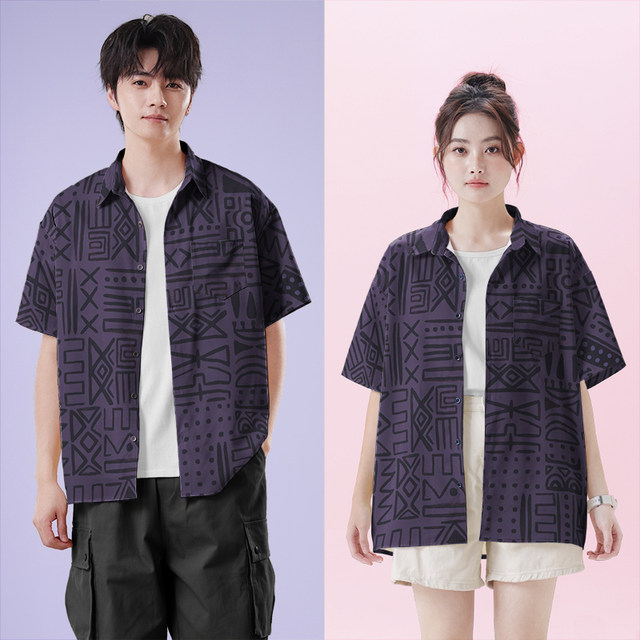 Boho Totem Minority Style Large Size Short Sleeve Shirt Men's and Women's Flowers Shirt Settings Without Border
