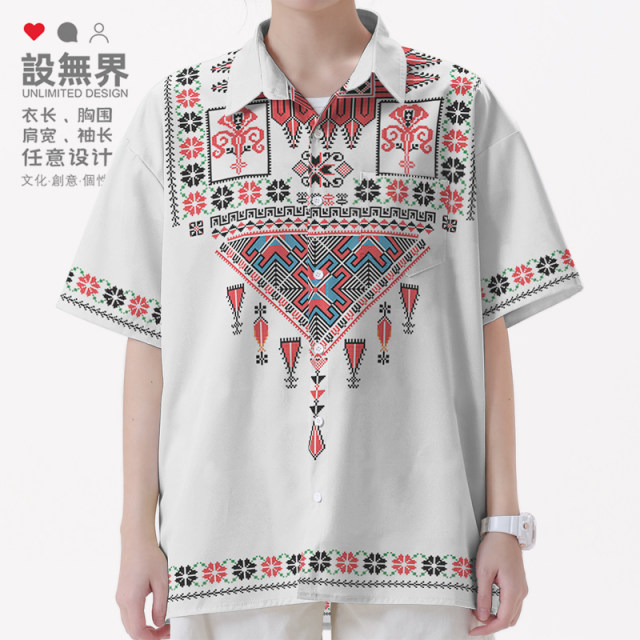 National trend and ethnic style ancient Miao traditional totem embroidered short-sleeved shirt men's and women's clothing 0017 design without boundaries