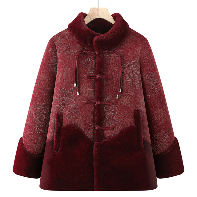 Middle-aged and elderly women's winter clothing, grandma's coat, mother's fur all-in-one imitation fur coat, old lady's warm Tang suit