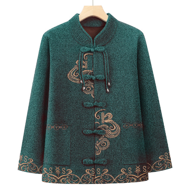 Elderly autumn coat women's Tang suit grandma autumn and winter plus fluff sweater mother birthday festive old lady wedding dress