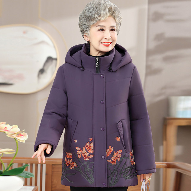 Grandma's winter dress, superstructure, cotton jacket, new middle -aged and elderly women's foreign qi embroidered cotton jacket mothers hooded cotton jacket