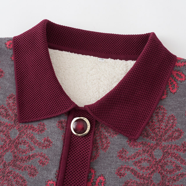 Mom in autumn and winter, long -sleeved lapel sweater, female old man warm cardigan grandmother wears knitted with velvet bottoming shirt