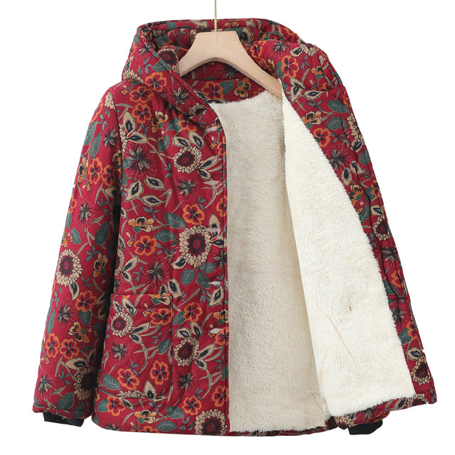 Grandma's winter clothes plus velvet thickened cotton jacket for middle-aged and elderly women's hooded short mother's cotton jacket for old ladies