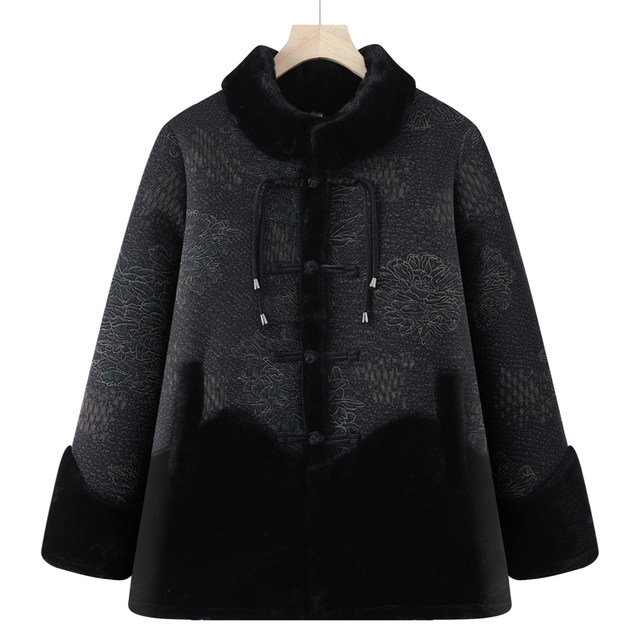 Middle-aged and elderly women's winter clothing, grandma's coat, mother's fur all-in-one imitation fur coat, old lady's warm Tang suit
