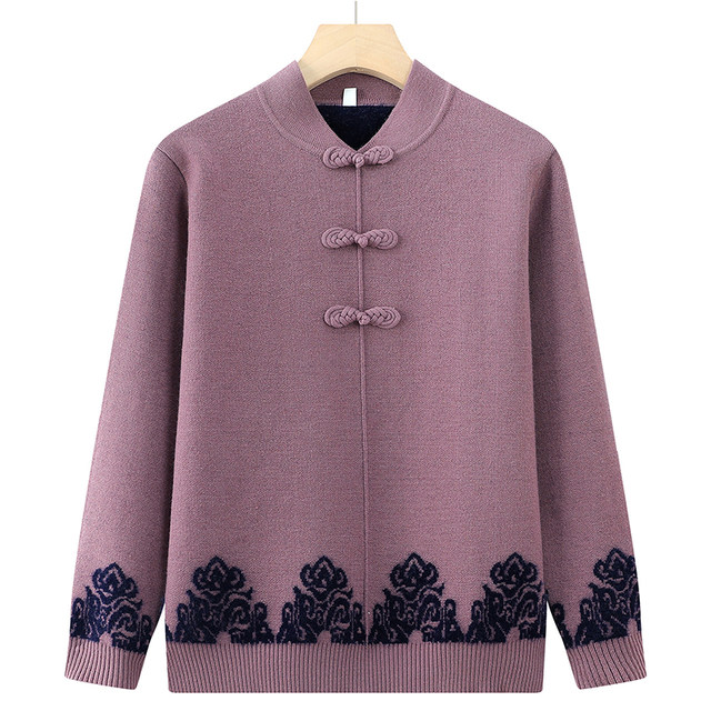 Elderly autumn and winter sweater female grandmother wear 60-year-old mother plus velvet thickened warm sweater fashionable elderly clothes