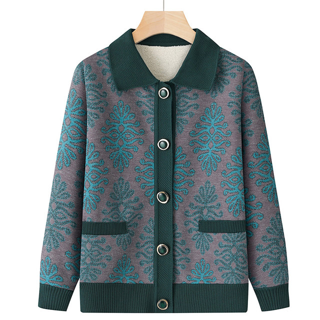 Mom in autumn and winter, long -sleeved lapel sweater, female old man warm cardigan grandmother wears knitted with velvet bottoming shirt