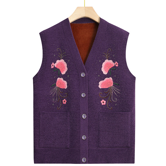 Middle-aged and elderly women's vest autumn and winter grandma sweater warm cardigan old lady horse clip plus velvet mother vest