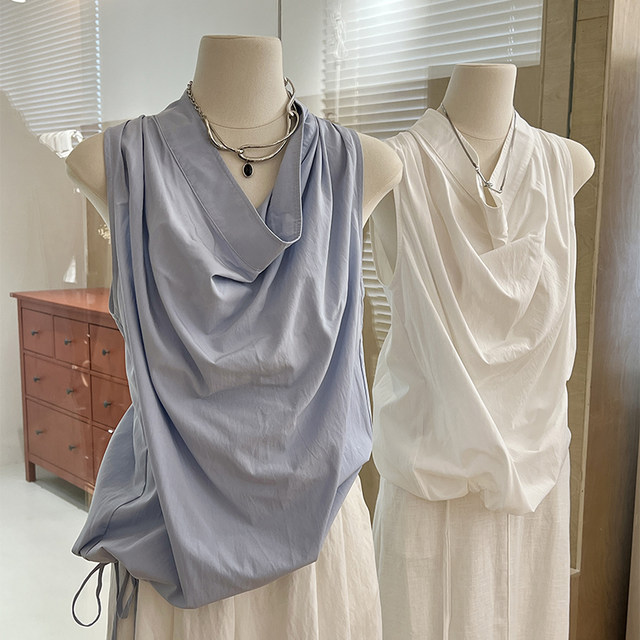 Blue swing collar sleeveless vest for women in summer design niche high-end Korean style fashionable loose drawstring top