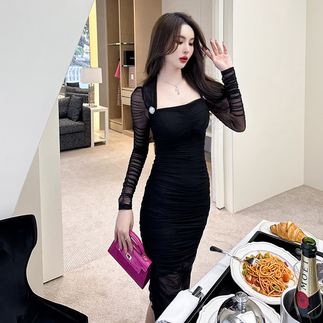 Sexy hottie Hepburn style mesh butt-covering dress niche design slim ...